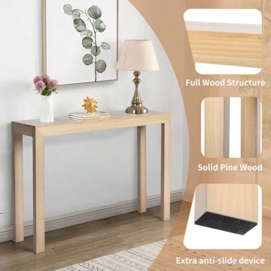 46 inch Pinewood Entryway Table, Console Table Entrance Table, Narrow Sofa Table Living Room Entryway Hallway, Natural Wood