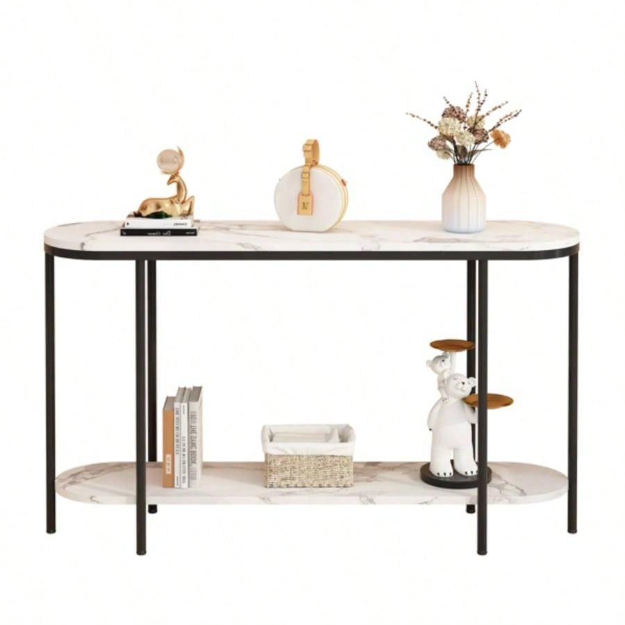 Replace code: 31283576Console Table 2 Tier Narrow Entryway Table with Storage Shelves Faux Marble Narrow Table Living Bedroom Hallway Office Easy Assembly, Black White
