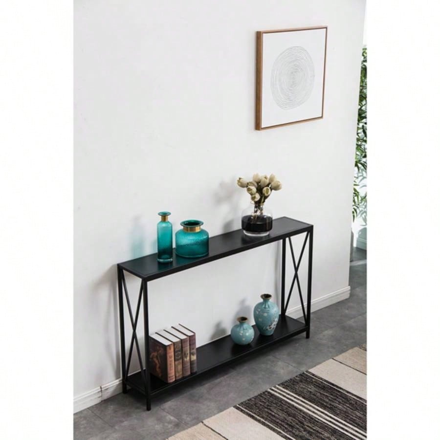 Replace code: 63804709Triamine Board Iron Frame Porch Table Sofa Side Table Black Wood Grain