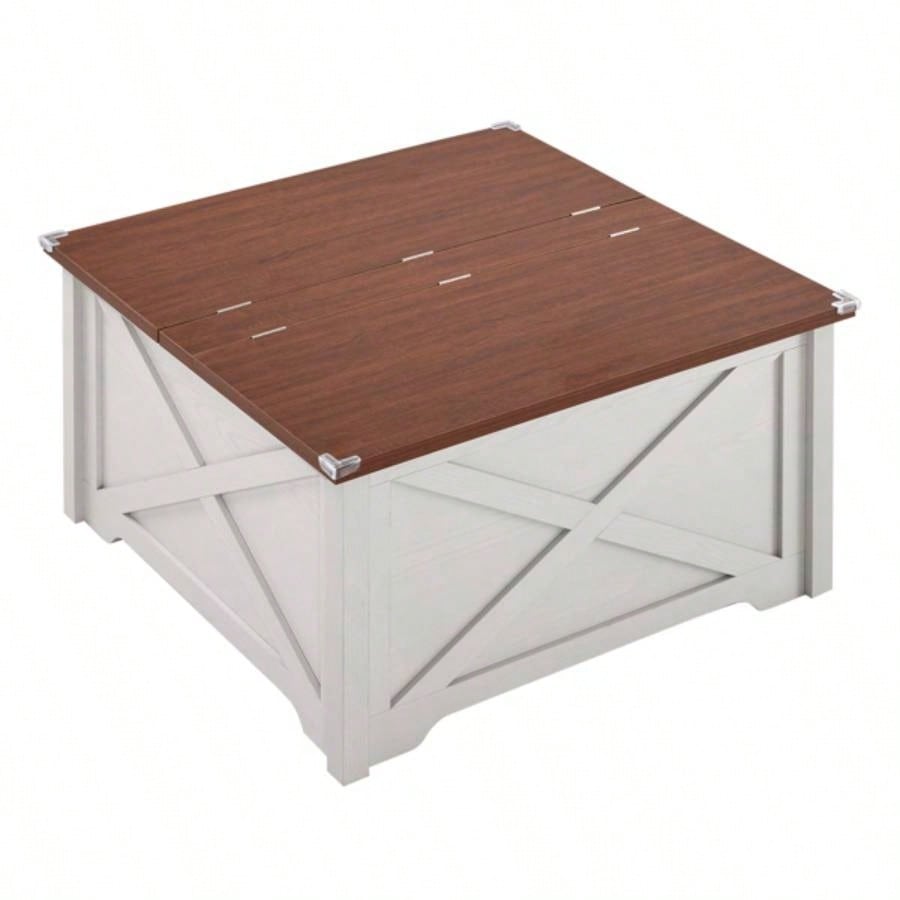 Farmhouse Coffee Table, Square Wood Center Table with Large Hidden Storage Compartment Living Room, Rustic Cocktail Table with Hinged Lift Top Home, Brown White