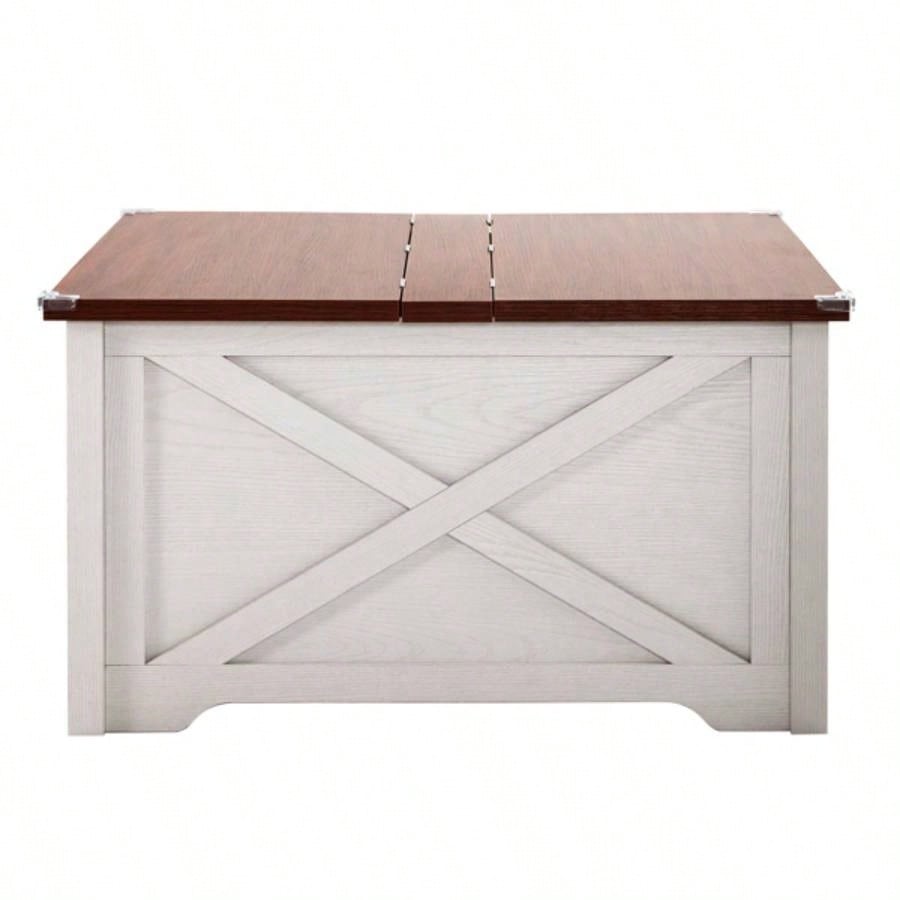 Farmhouse Coffee Table, Square Wood Center Table with Large Hidden Storage Compartment Living Room, Rustic Cocktail Table with Hinged Lift Top Home, Brown White