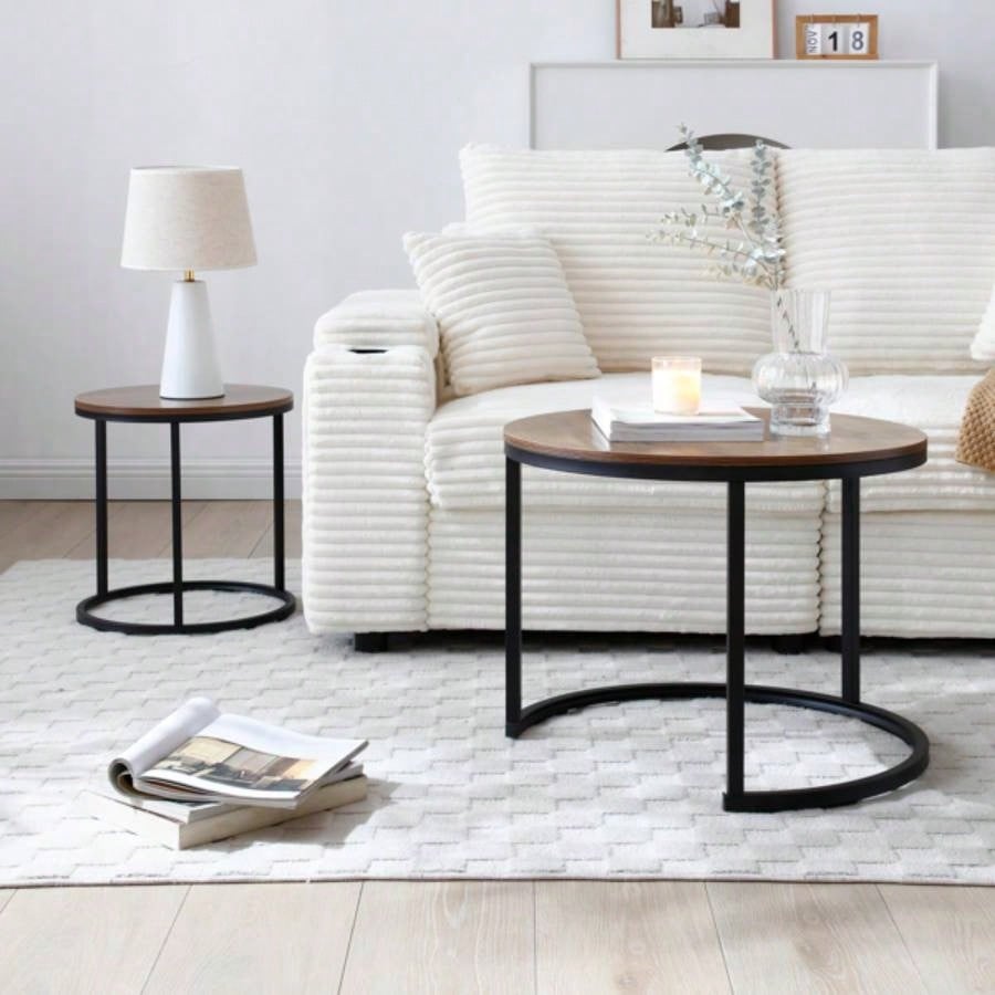 Set of 2 Coffee Table Nesting Side Round End Table Top Sturdy Metal Frame Desk Centerpiece Living Room Bedroom Apartment Modern Industrial Simple Nightstand