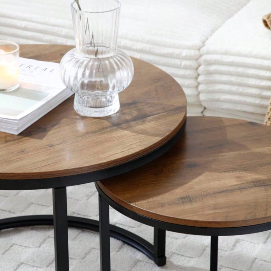 Set of 2 Coffee Table Nesting Side Round End Table Top Sturdy Metal Frame Desk Centerpiece Living Room Bedroom Apartment Modern Industrial Simple Nightstand
