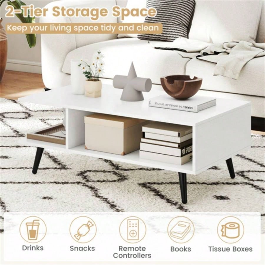 Rectangle Coffee Table with 2 Open Compartments - White