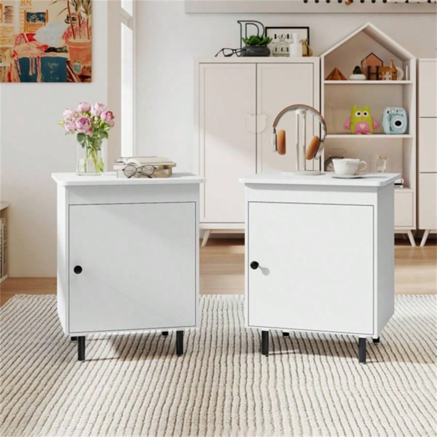 2 white bedside tables with doors