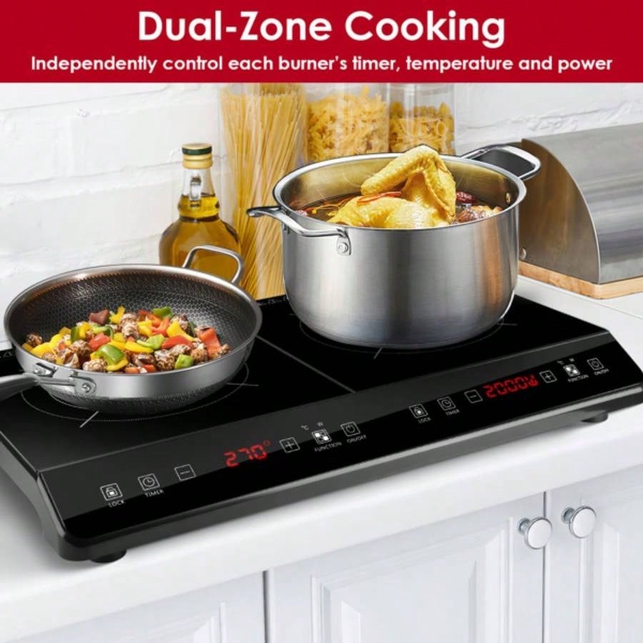 Double Induction Cooktop, Portable Dual Countertop with Sensor, 4000W Induction Cooktop 2, Countertop Cooker with 9 Temp Power Levels, 3 - Hour Timer, Safety Lock