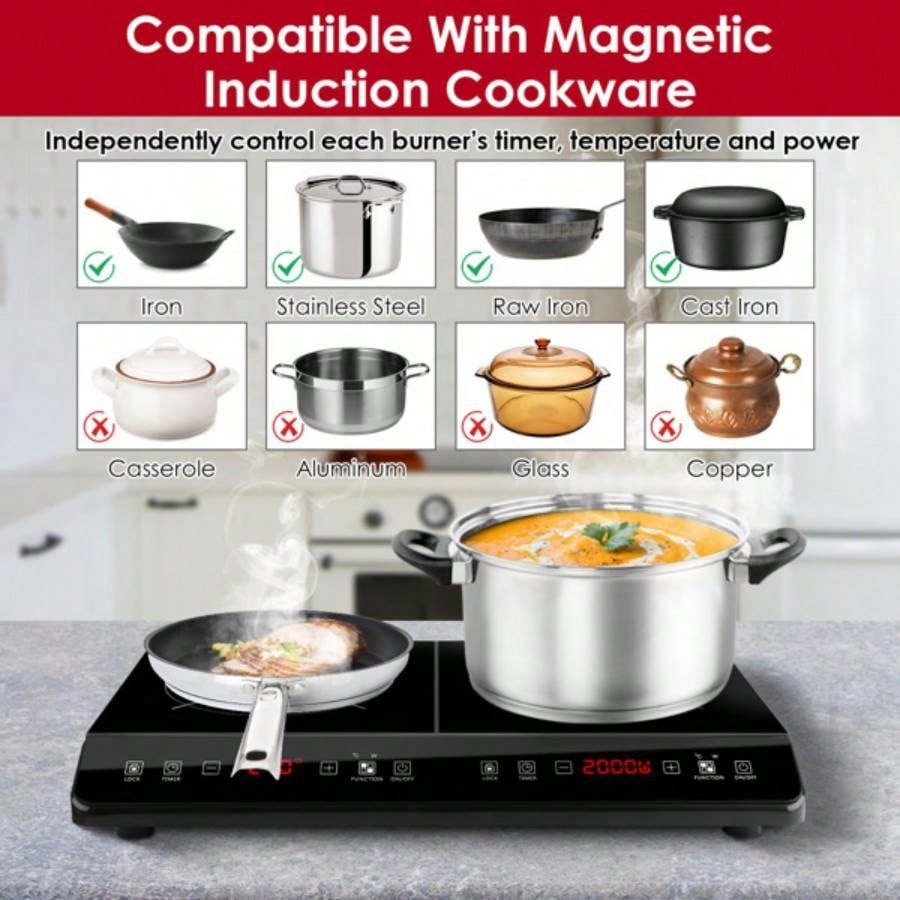 Double Induction Cooktop, Portable Dual Countertop with Sensor, 4000W Induction Cooktop 2, Countertop Cooker with 9 Temp Power Levels, 3 - Hour Timer, Safety Lock
