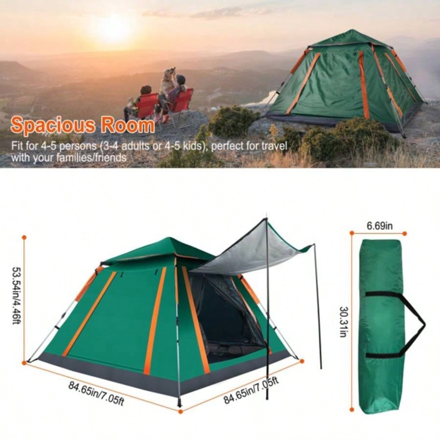 4 - 5 Person - Up Camping Tent, Instant Setup Family Tent with 2 Mosquito, Portable Hiking, Backpacking Outdoor Adventures, Waterproof Windproof - Green