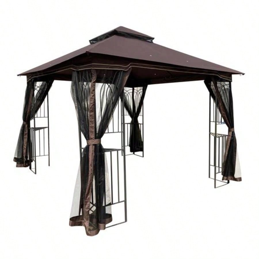 10x10 Outdoor Patio Gazebo Canopy Tent With Ventilated Double Roof And Mosquito netDetachable Mesh Screen On All SidesSuitable Lawn, Garden, Backyard and Deck, Brown Top