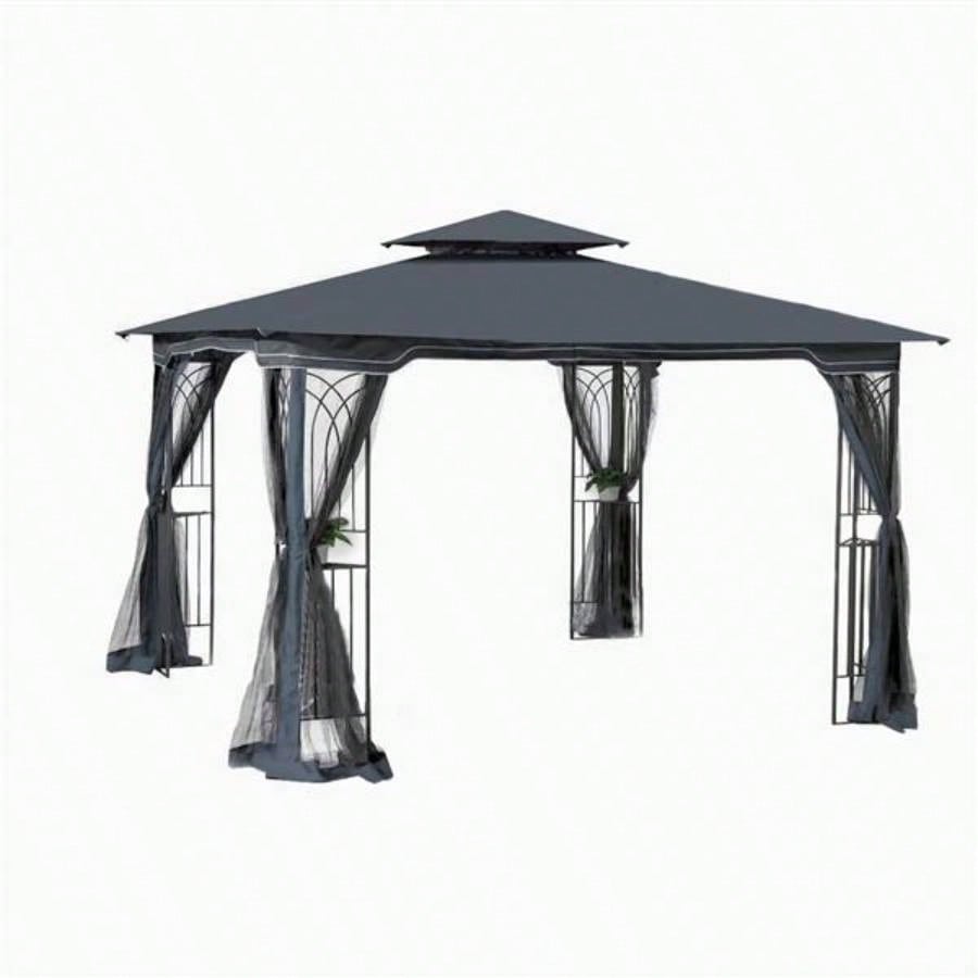 10x10 Outdoor Patio Gazebo Canopy Tent With Ventilated Double Roof And Mosquito netDetachable Mesh Screen On All SidesSuitable Lawn, Garden, Backyard and Deck, Gray Top