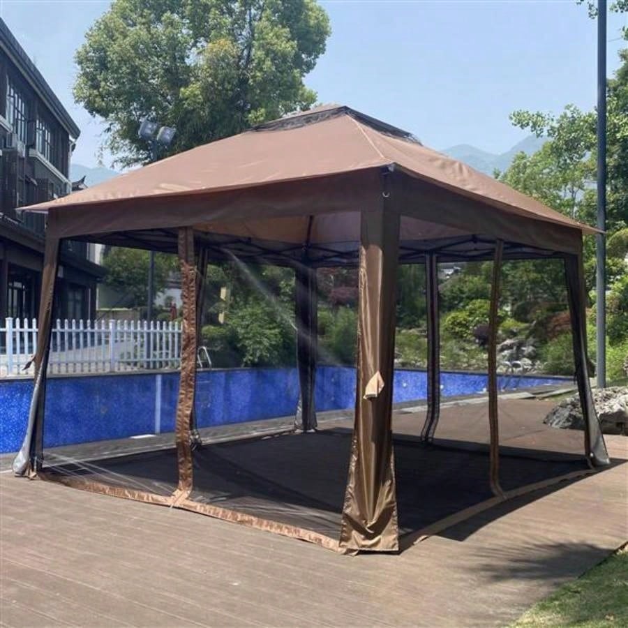 Outdoor 11x 11Ft Up Gazebo Canopy With Removable Zipper Netting, 2 - Tier Soft Top Event Tent, Suitable Patio Backyard Garden Camping Area with 4 Sandbags, Brown