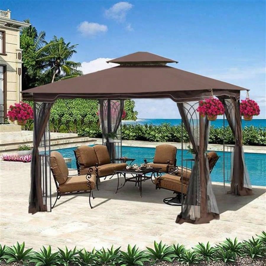 10x10 Outdoor Patio Gazebo Canopy Tent With Ventilated Double Roof And Mosquito netDetachable Mesh Screen On All SidesSuitable Lawn, Garden, Backyard and Deck, Brown Top