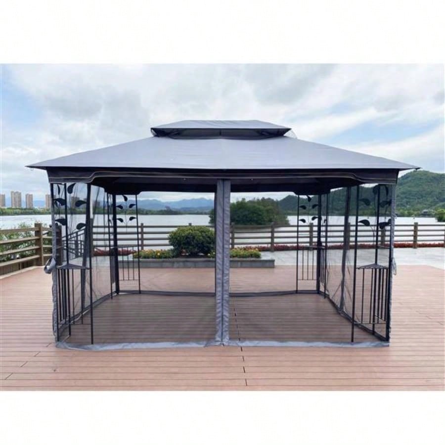 13x10 Outdoor Patio Gazebo Canopy Tent With Ventilated Double Roof And Mosquito netDetachable Mesh Screen On All SidesSuitable Lawn, Garden, Backyard and Deck, Gray Top