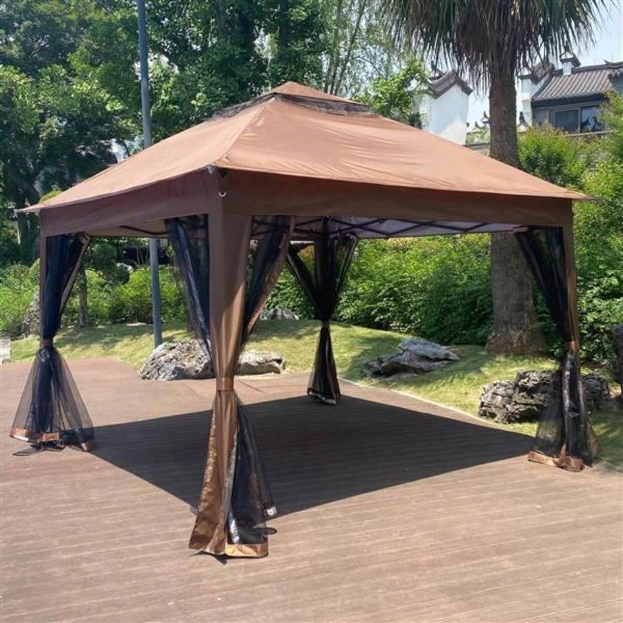 Outdoor 11x 11Ft Up Gazebo Canopy With Removable Zipper Netting, 2 - Tier Soft Top Event Tent, Suitable Patio Backyard Garden Camping Area with 4 Sandbags, Brown