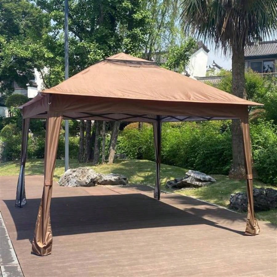 Outdoor 11x 11Ft Up Gazebo Canopy With Removable Zipper Netting, 2 - Tier Soft Top Event Tent, Suitable Patio Backyard Garden Camping Area with 4 Sandbags, Brown