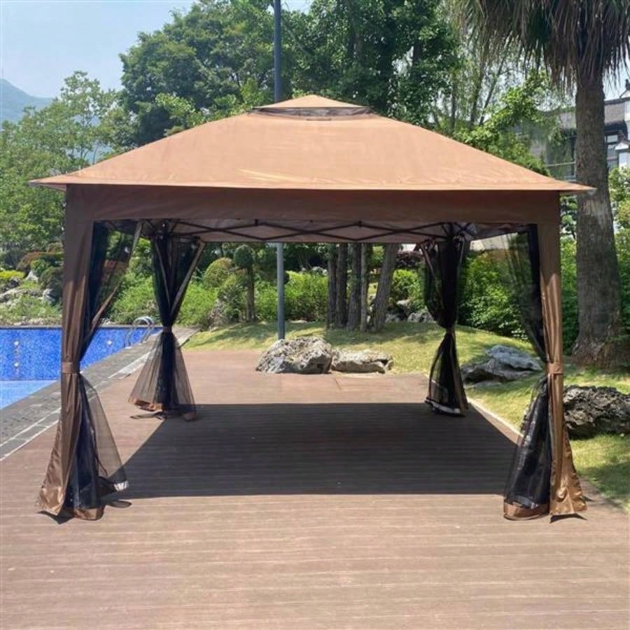 Outdoor 11x 11Ft Up Gazebo Canopy With Removable Zipper Netting, 2 - Tier Soft Top Event Tent, Suitable Patio Backyard Garden Camping Area with 4 Sandbags, Brown