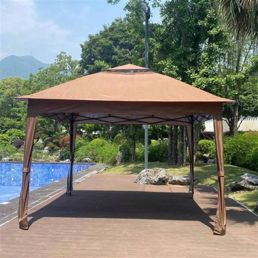 Outdoor 11x 11Ft Up Gazebo Canopy With Removable Zipper Netting, 2 - Tier Soft Top Event Tent, Suitable Patio Backyard Garden Camping Area with 4 Sandbags, Brown