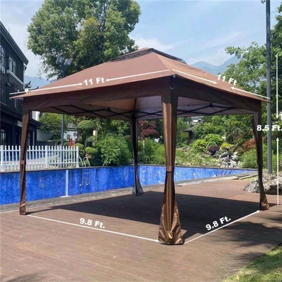 Outdoor 11x 11Ft Up Gazebo Canopy With Removable Zipper Netting, 2 - Tier Soft Top Event Tent, Suitable Patio Backyard Garden Camping Area with 4 Sandbags, Brown