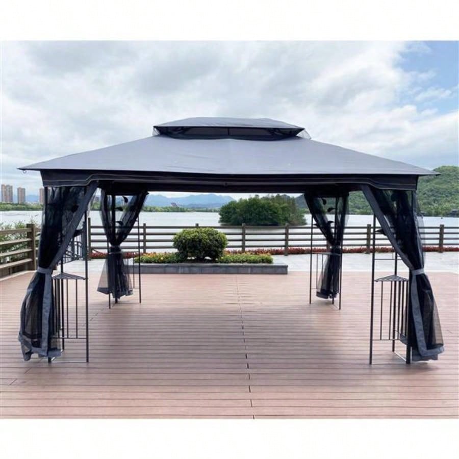 13x10 Outdoor Patio Gazebo Canopy Tent With Ventilated Double Roof And Mosquito netDetachable Mesh Screen On All SidesSuitable Lawn, Garden, Backyard and Deck, Gray Top