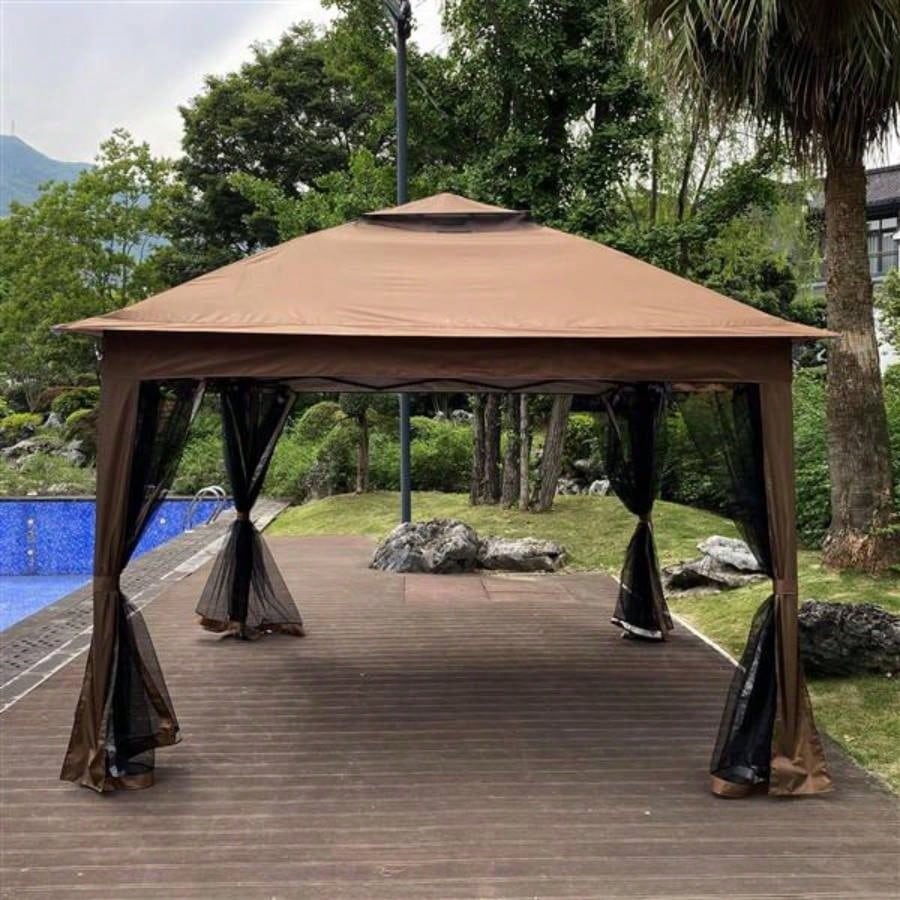 Outdoor 11x 11Ft Up Gazebo Canopy With Removable Zipper Netting, 2 - Tier Soft Top Event Tent, Suitable Patio Backyard Garden Camping Area with 4 Sandbags, Brown