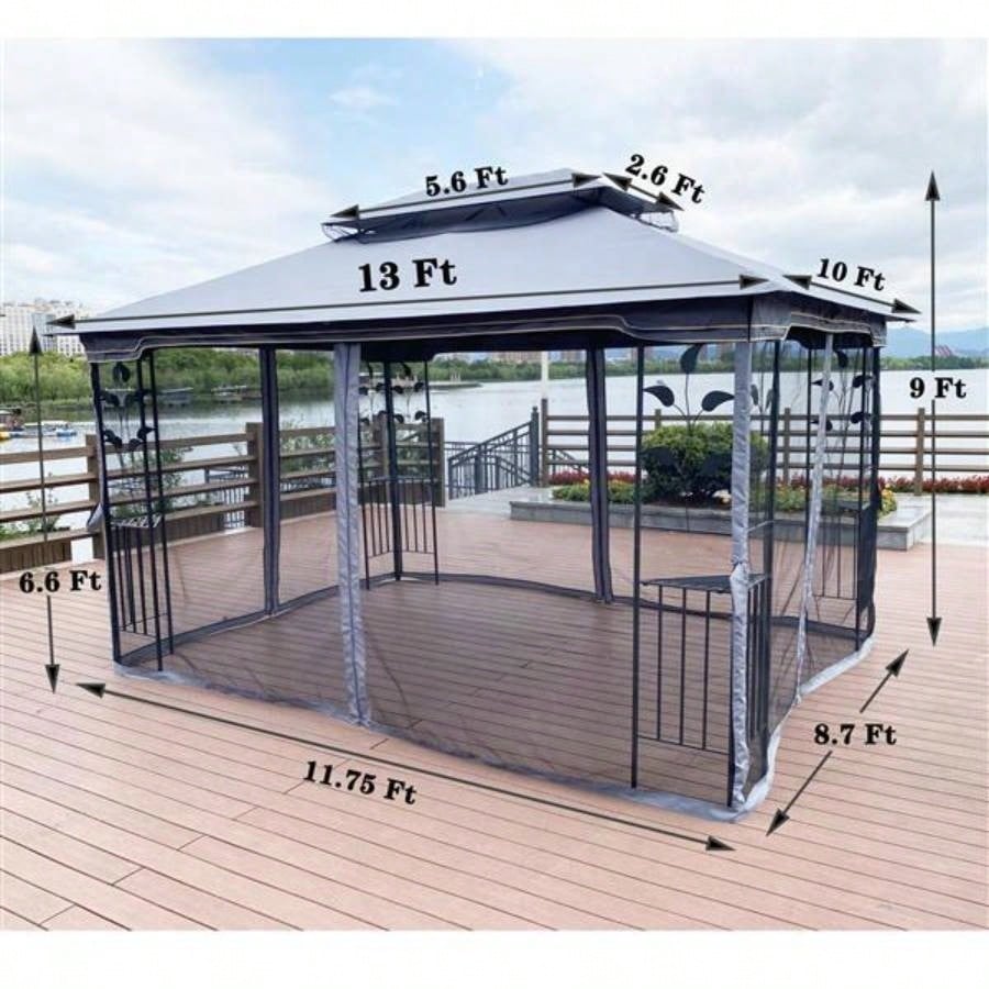 13x10 Outdoor Patio Gazebo Canopy Tent With Ventilated Double Roof And Mosquito netDetachable Mesh Screen On All SidesSuitable Lawn, Garden, Backyard and Deck, Gray Top