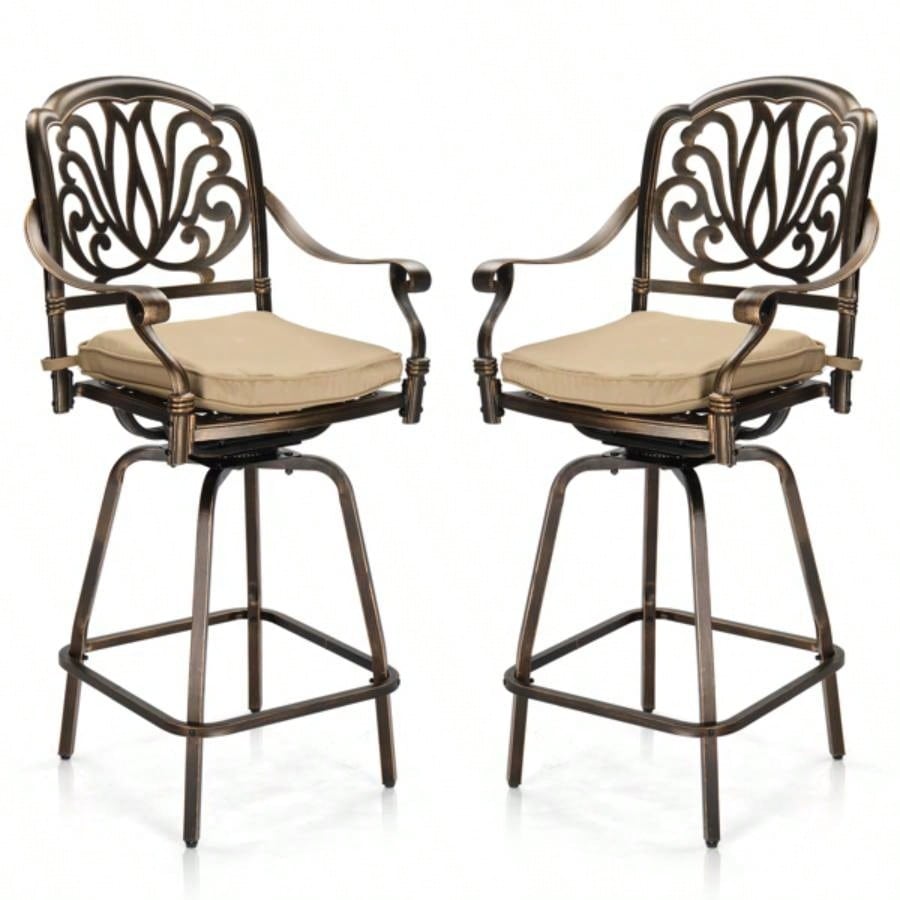 Outdoor Swivel Bar Stools Set of 2, Cast Aluminum Patio Bar Height Chairs, All - Weather Bar Dining Chairs Outdoor Swivel Chairs Furniture Elizabethan Back