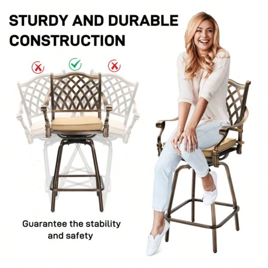 Outdoor Swivel Bar Stools Set of 2, Cast Aluminum Patio Bar Height Chairs, All - Weather Bar Dining Chairs Outdoor Swivel Chairs Furniture Grid Back