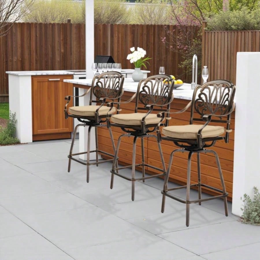 Outdoor Swivel Bar Stools Set of 2, Cast Aluminum Patio Bar Height Chairs, All - Weather Bar Dining Chairs Outdoor Swivel Chairs Furniture Elizabethan Back