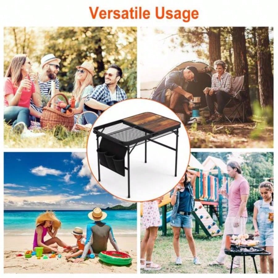 Foldable Camping Table Collapsible Picnic Aluminum Alloy Grill Stand 66LBS Load Height Adjustable BBQ Table with Adjustable Height Storage Net 35.43x23.62x26in