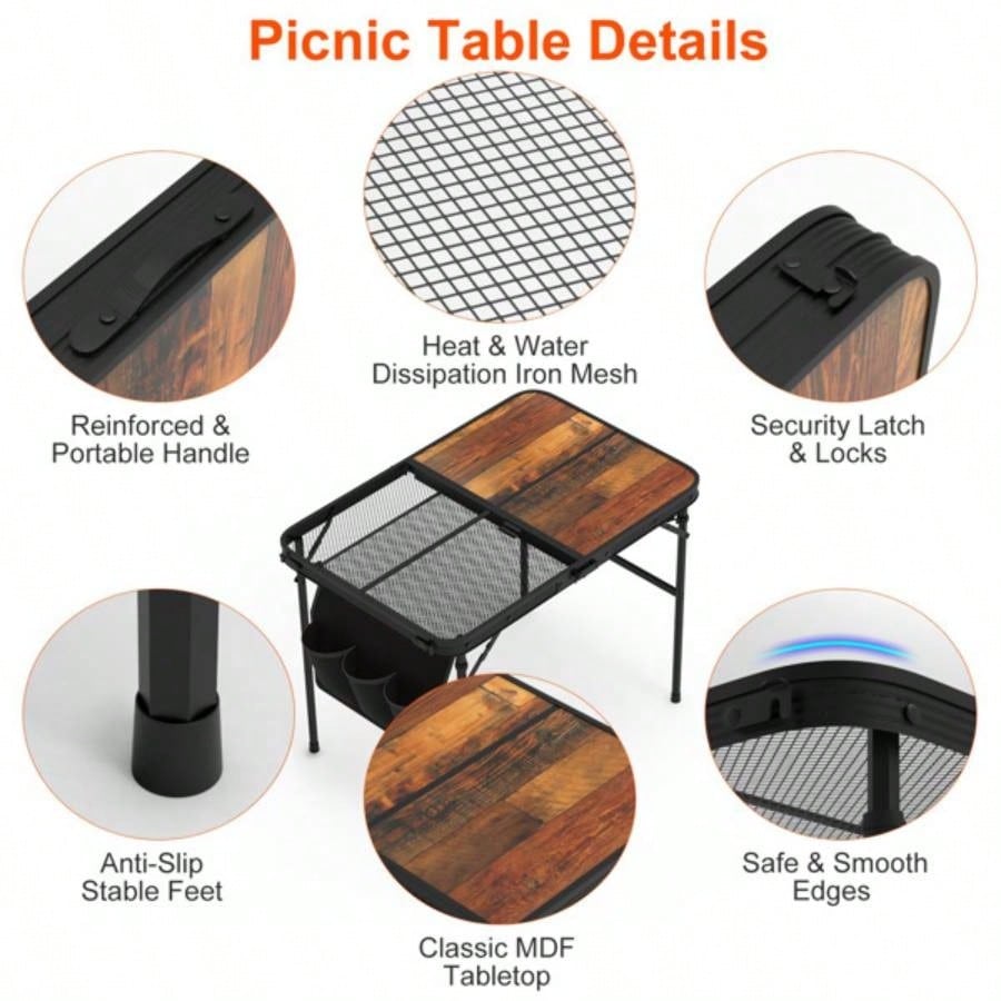 Foldable Camping Table Collapsible Picnic Aluminum Alloy Grill Stand 66LBS Load Height Adjustable BBQ Table with Adjustable Height Storage Net 35.43x23.62x26in