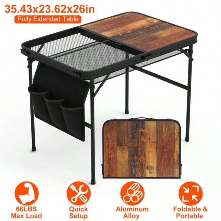 Foldable Camping Table Collapsible Picnic Aluminum Alloy Grill Stand 66LBS Load Height Adjustable BBQ Table with Adjustable Height Storage Net 35.43x23.62x26in