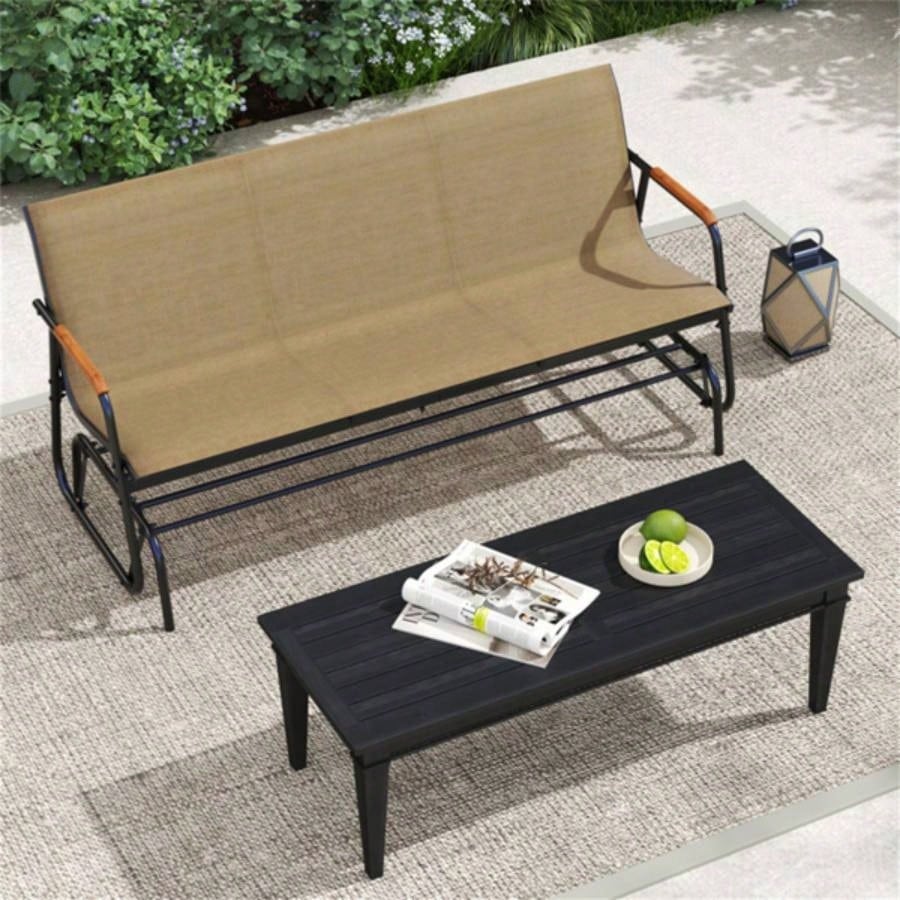 3 - person terrace gliding chair with curved teak wood armrests, suitable porch use