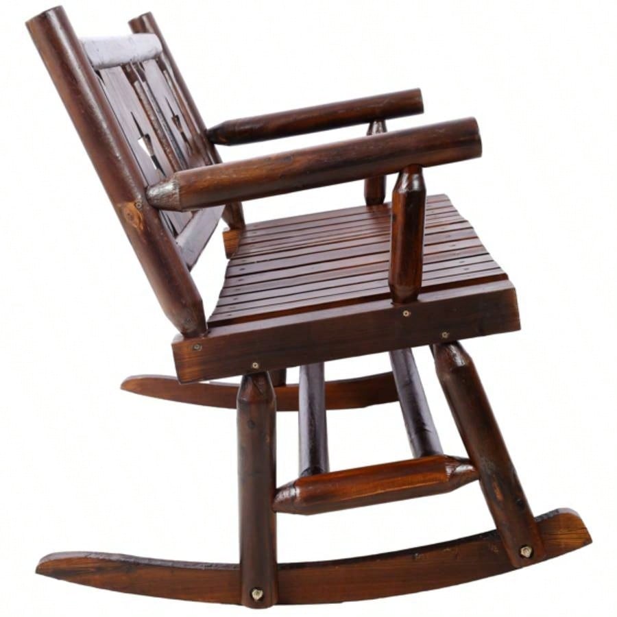 Outdoor Wood Rocking Carbonized Double Rocking Chair 2 Persons with Wide Curved, Porch Rocker Porch, Garden, Backyard, Rustic Brown