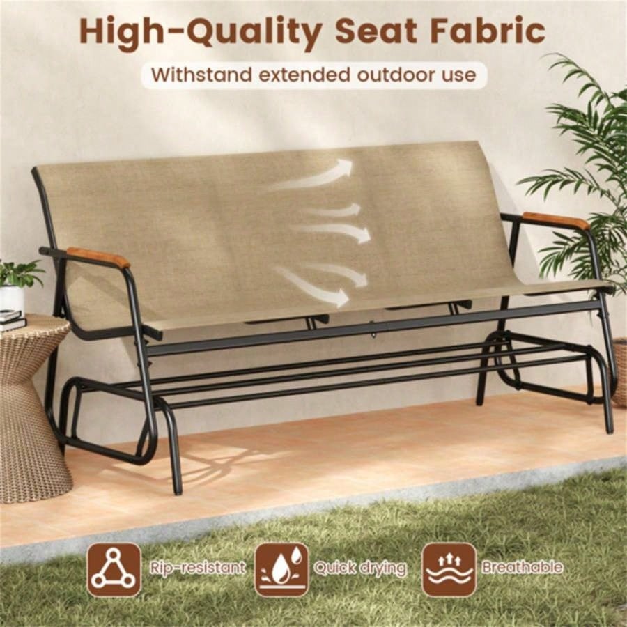 3 - person terrace gliding chair with curved teak wood armrests, suitable porch use