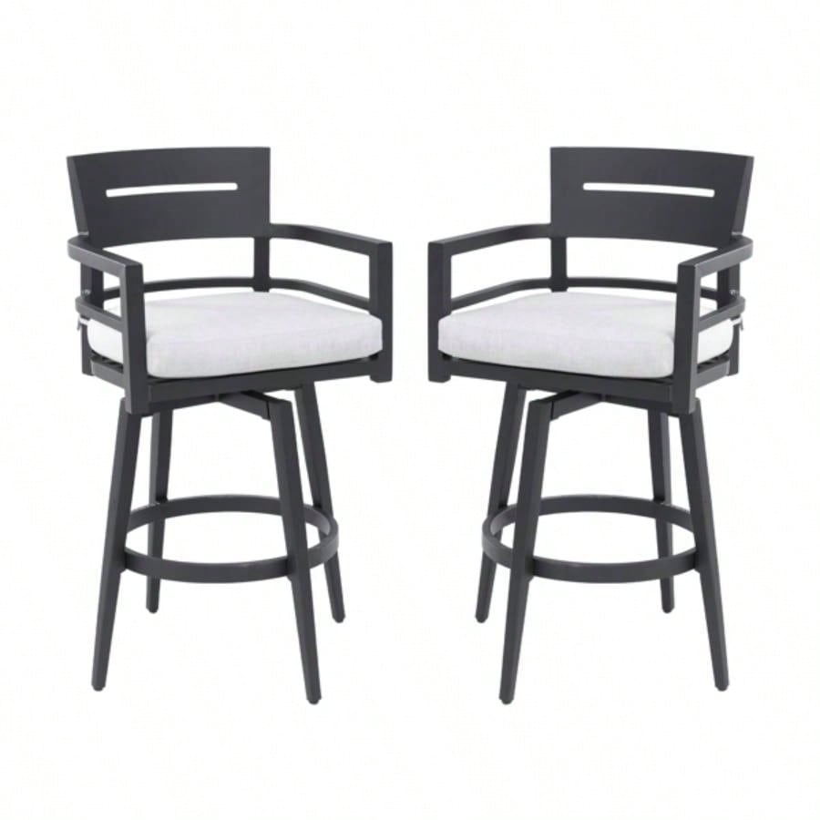 Modern Outdoor 2 - Piece Swivel Bar Chairs - Aluminum Frame with Ember Black, 360176; Swivel, Ergonomic Backrest Armrests, Tapered, Cushion, Weather - Resistant Durable Patio Bar Stool