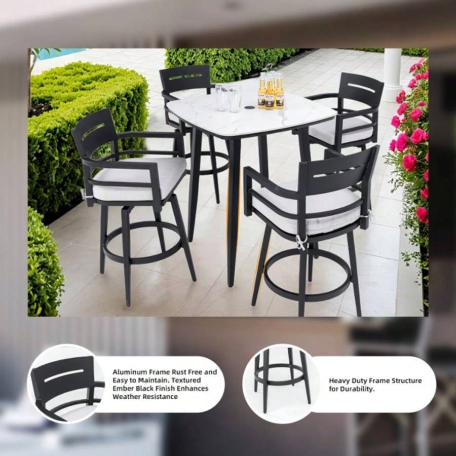 Modern Outdoor 2 - Piece Swivel Bar Chairs - Aluminum Frame with Ember Black, 360176; Swivel, Ergonomic Backrest Armrests, Tapered, Cushion, Weather - Resistant Durable Patio Bar Stool