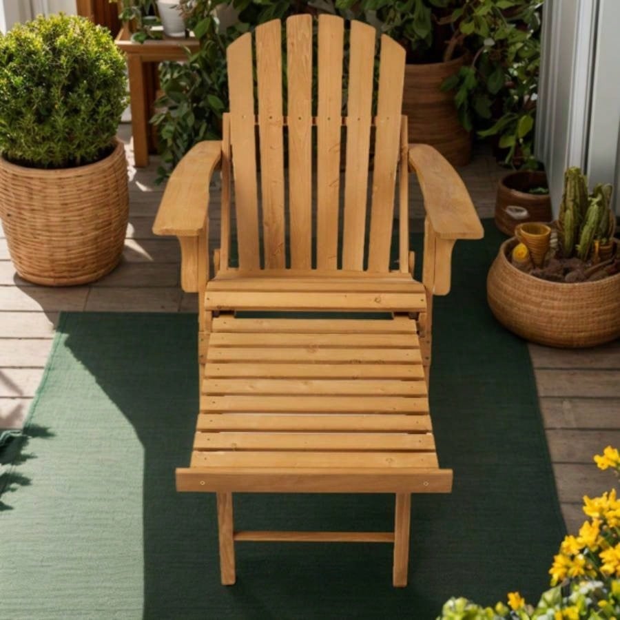 Outdoor Wooden Folding Adirondack Chair with Retractable Ottoman, Pre - Assembled BackRest SeatBoard, Wood Patio Chair Garden Backyard Porch Pool Deck Firepit