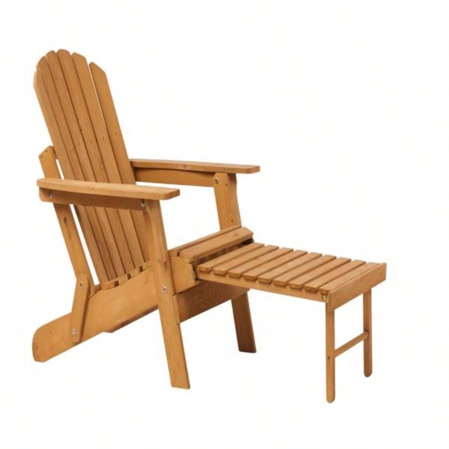 Outdoor Wooden Folding Adirondack Chair with Retractable Ottoman, Pre - Assembled BackRest SeatBoard, Wood Patio Chair Garden Backyard Porch Pool Deck Firepit