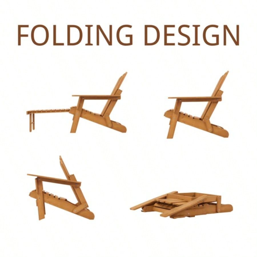 Outdoor Wooden Folding Adirondack Chair with Retractable Ottoman, Pre - Assembled BackRest SeatBoard, Wood Patio Chair Garden Backyard Porch Pool Deck Firepit