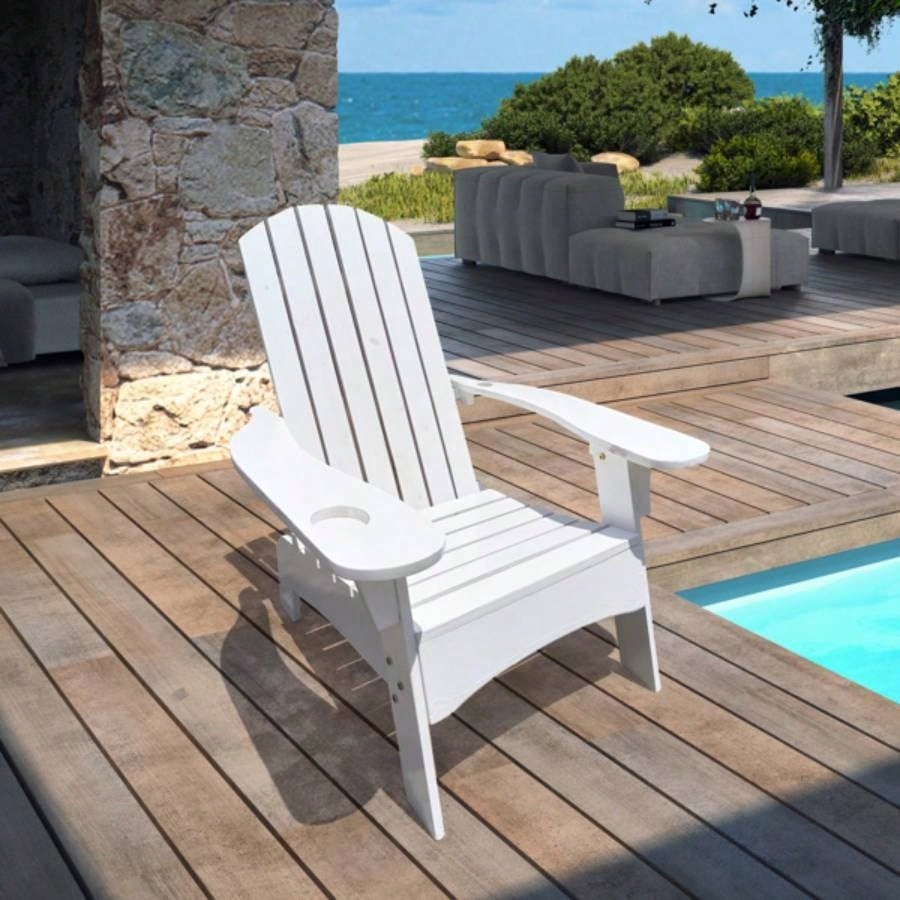 Outdoor or indoor Wood Adirondack chair with an hole to hold on arm, white