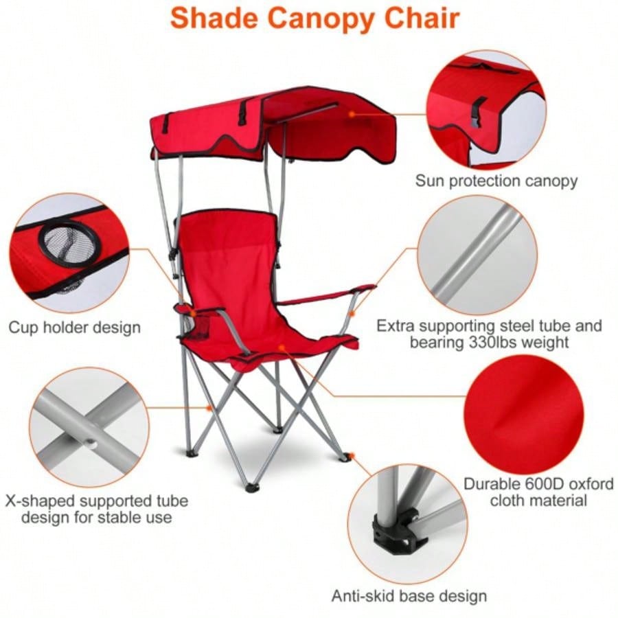 Foldable Beach Canopy Chair Camping Lawn Canopy Chair 330LBS Load Folding/ Cup Holder Beach Poolside Travel Picnic