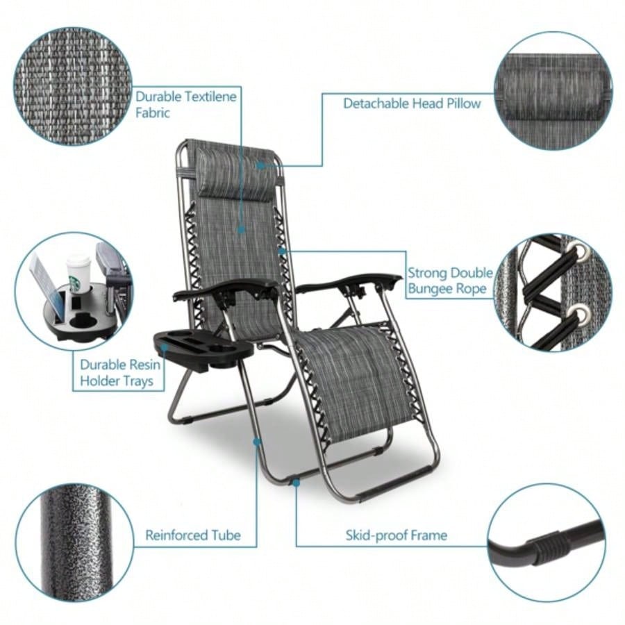 Zero Chair Pack 2, Outdoor Lounge Patio Chairs with Pillow and Utility Tray Adjustable Folding Recliner Deck, Patio, Beach, Yard, Gray