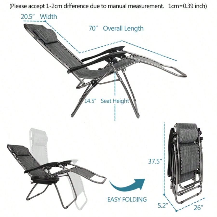 Zero Chair Pack 2, Outdoor Lounge Patio Chairs with Pillow and Utility Tray Adjustable Folding Recliner Deck, Patio, Beach, Yard, Gray