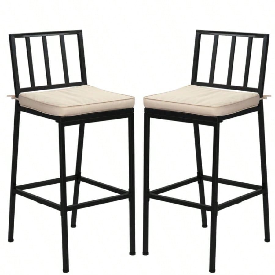 2PCS Patio Bar Chairs, Heavy - Duty Metal Frame Bar Stools Set of 2, Indoor Outdoor All - Weather Resistant Barstools with Detachable Cushion