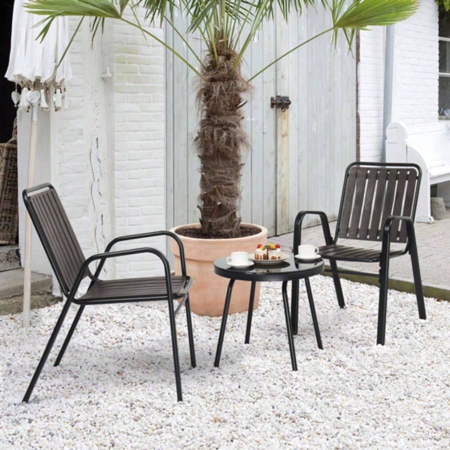 3 - Piece Patio Bistro Table Set, Outdoor Furniture Set with 2 Stackable Patio Dining Chairs and Glass Table Yard Balcony Porch, Black and Coffee