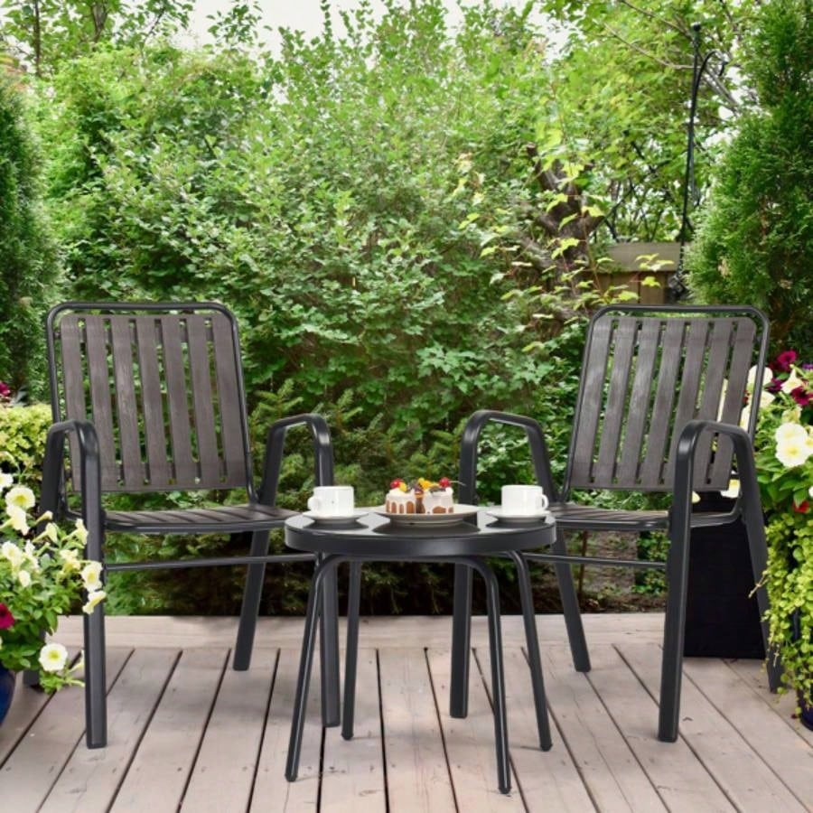 3 - Piece Patio Bistro Table Set, Outdoor Furniture Set with 2 Stackable Patio Dining Chairs and Glass Table Yard Balcony Porch, Black and Coffee