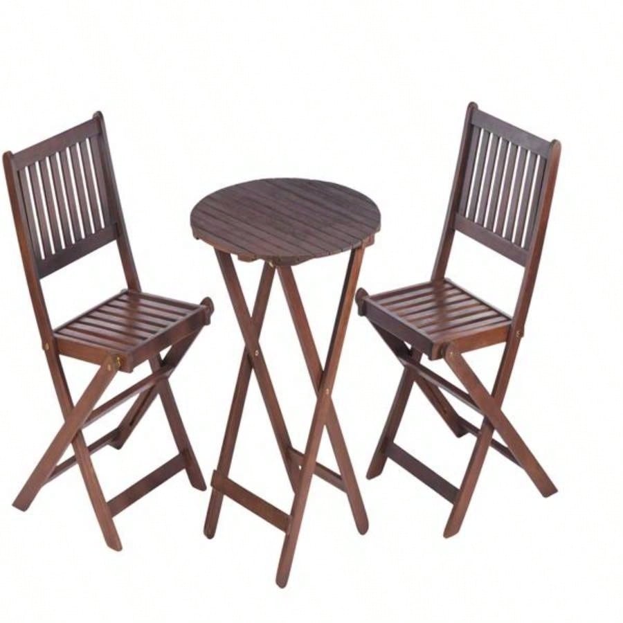 3 - Piece Acacia Wood Bistro Set, Wooden Folding Patio Furniture Garden Backyard Balcony Porch/ 1 Coffee Table and 2 Foldable Chairs, Natural Stained