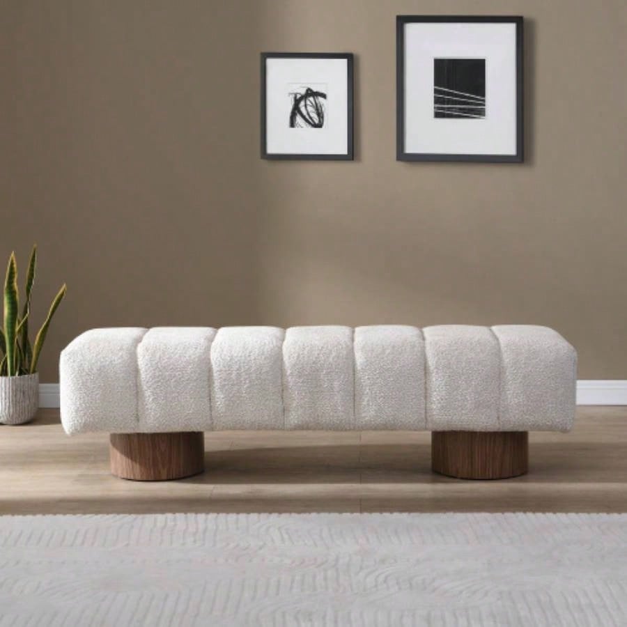 Upholstered Dining Dining Room, No - Assembly End of Bed Entryway Ottoman Bedroom Living Room, Beige Faux Fur Fabric Stool Top Wood Leg 300 LBS Weight Capacity