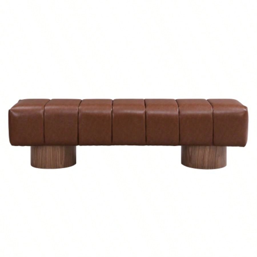 Upholstered Dining Dining Room, No - Assembly End of Bed Entryway Ottoman Bedroom Living Room, Brown PU Stool Top Wood Leg 300 LBS Weight Capacity