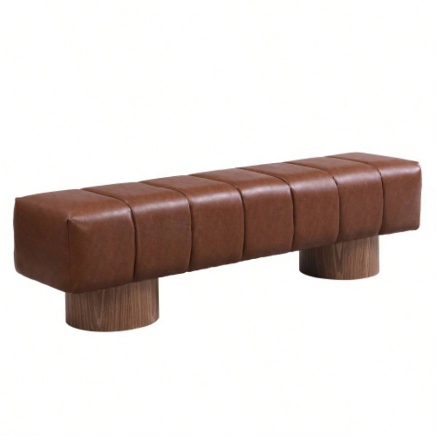 Upholstered Dining Dining Room, No - Assembly End of Bed Entryway Ottoman Bedroom Living Room, Brown PU Stool Top Wood Leg 300 LBS Weight Capacity